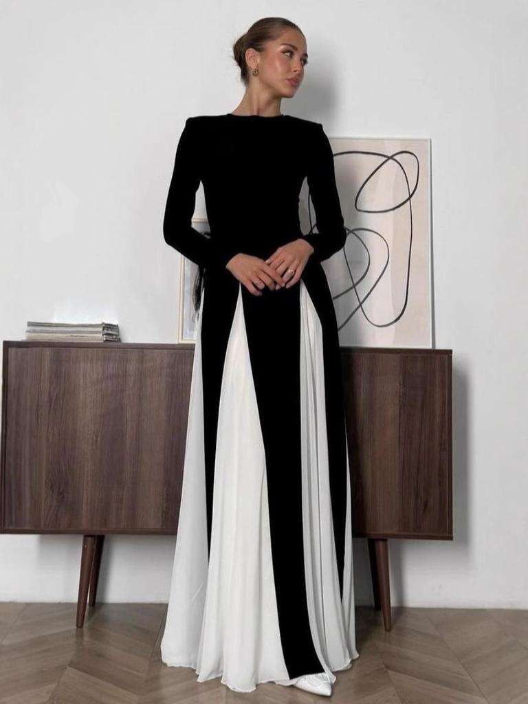 2024 Autumn/Winter Women's Retro High Waist Evening Dress - European & American Style, Color Block, Long Sleeve, Round Neck, Slimming Temperament.