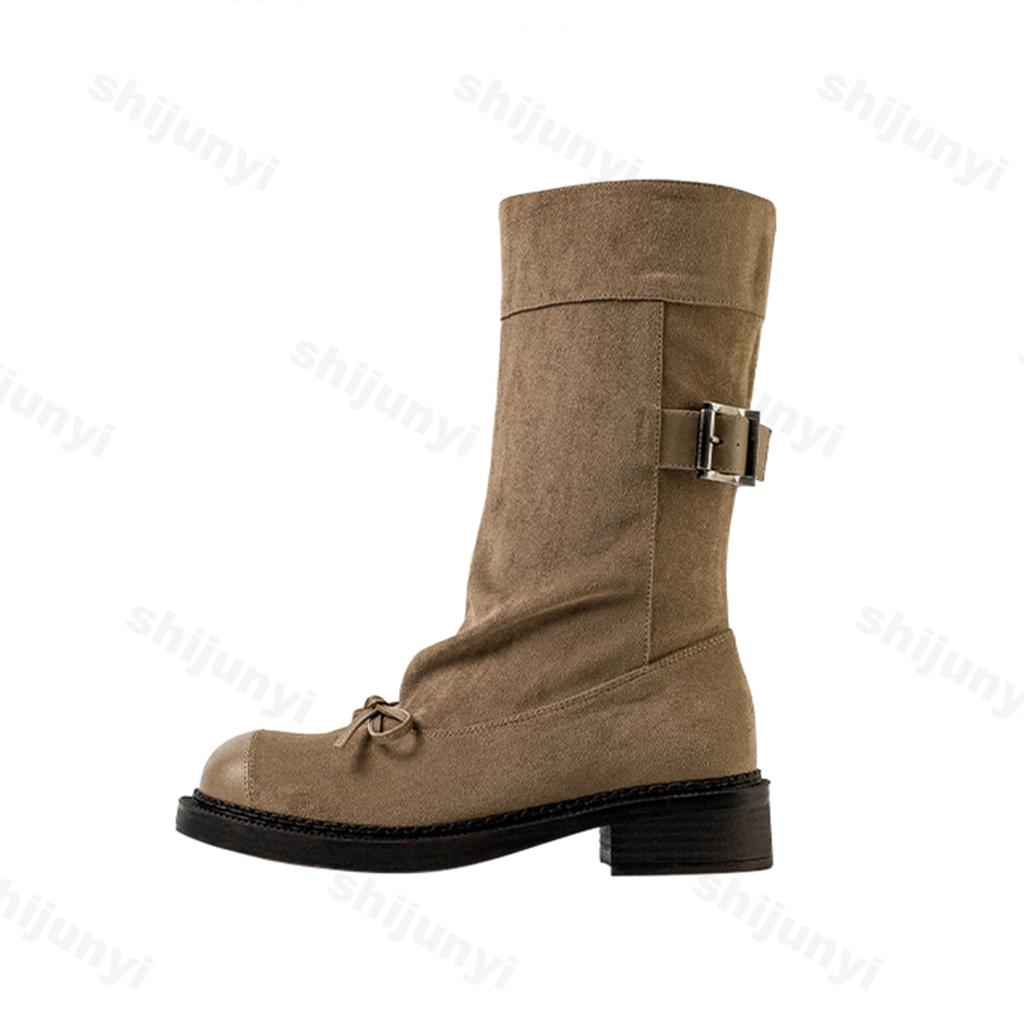 New 2024 Autumn Women Platform Boots Khaki Suede Pleated Mid-calf Boots Retro Fashion Bowknot Western Cowboy Boot Knight Booties