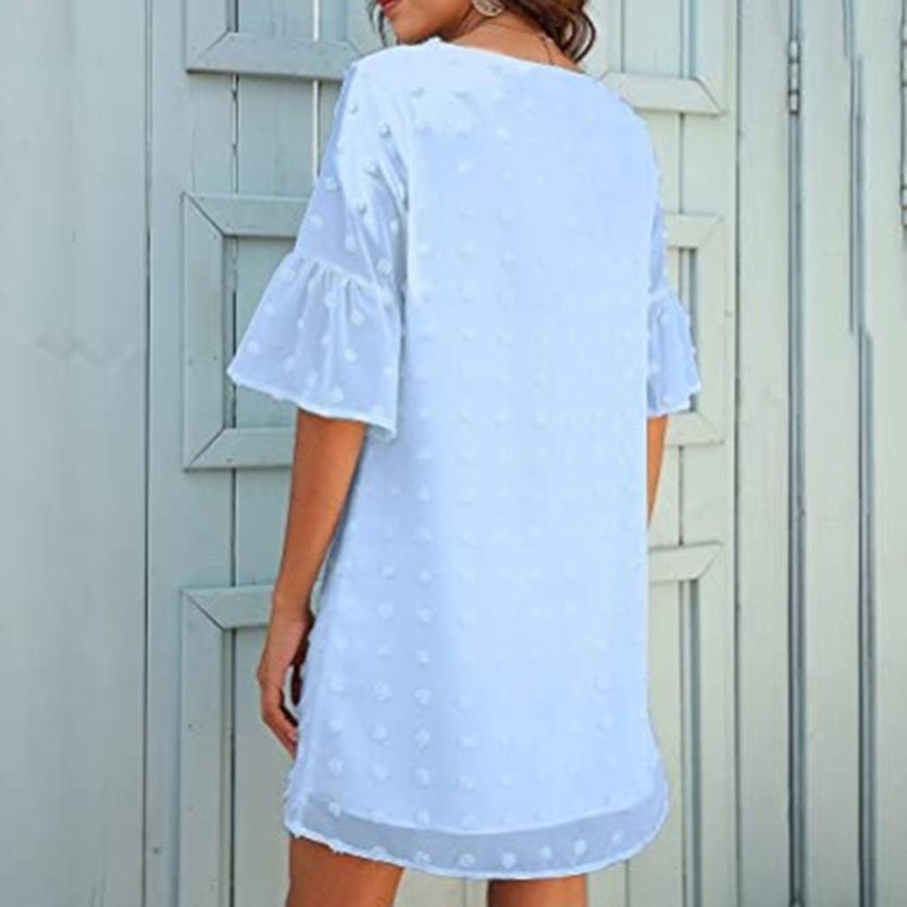 Women's  Small Fresh Casual Solid Color Loose Straight Trumpet Short-sleeved Jacquard-chiffon Stitching V-neck Dress