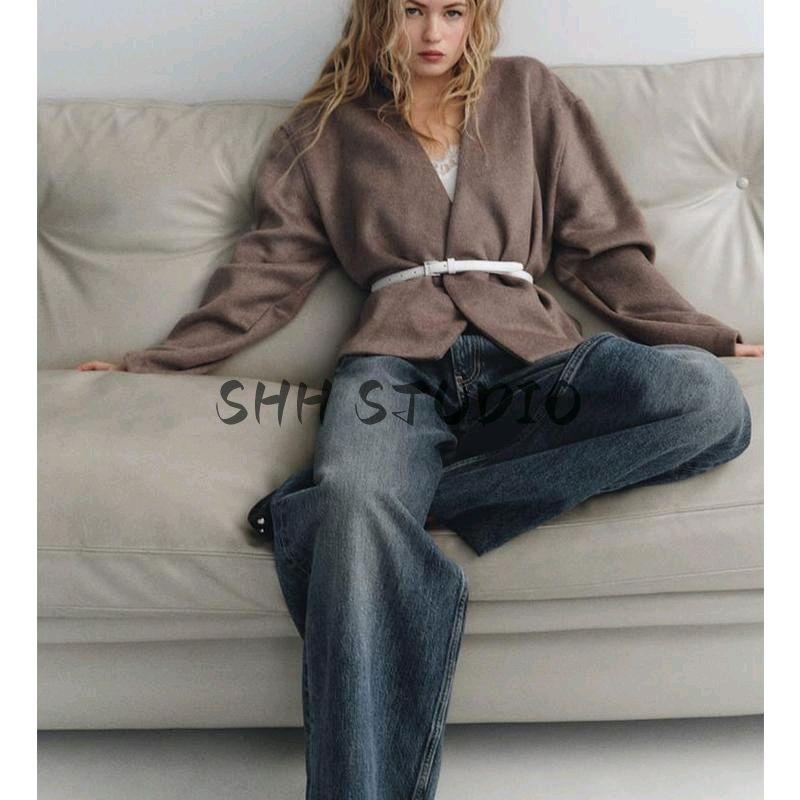 Spring New Women's Clothing Minimalist Wool Blend with Belt Soft Comfortable Long Sleeve V-neck Coat 1255737