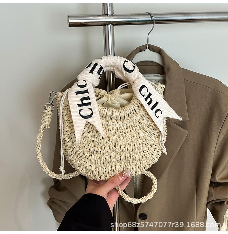 

2025 new personalized portable fashion casual semi-round bag woven straw bag Internet celebrity popular portable messenger bag белый