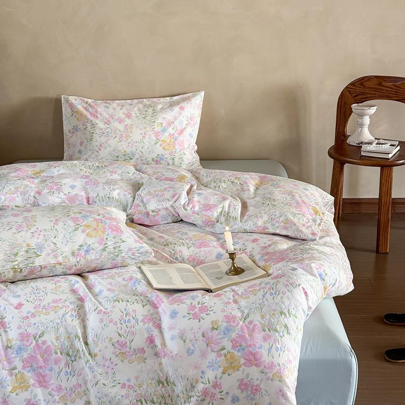 

Vintage Floral Pure Cotton Bedding Sets Korean Flower Skin Friendly Fitted Sheet Kit Soft Bed Linens for Spring and Summer 1.5m 4pcs set