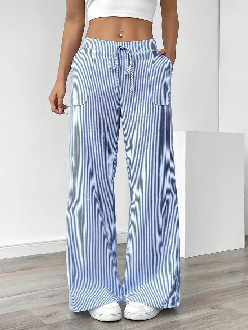Women Striped Drawstring Wide Leg Casual Summer Pants S