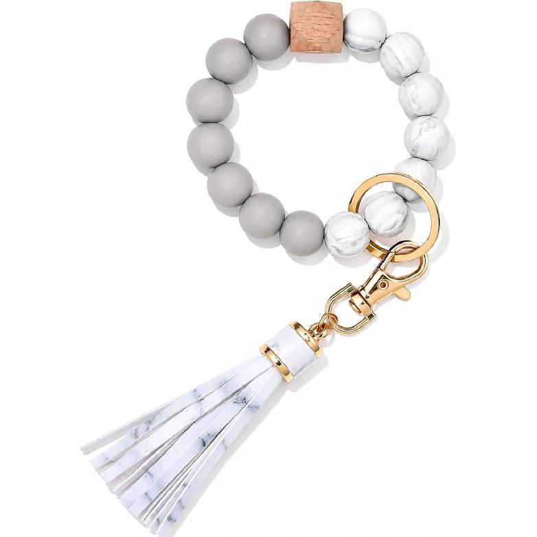 BAOSIWA Silicone Beaded Bracelet Keychain Wristlet Key Ring Bangle Chains for Women with Leather Tassel