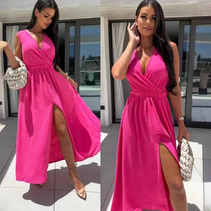 Sommer Einfarbig V-Ausschnitt Sexy Temperament Schlitz Hohe Taille Langes Kleid für Damen
