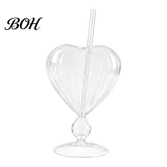 Glass Cup with Round Bead Design Creative Heart-shaped Goblet Straw, Personalized Wine Juice Fruit Drink Straw Cup, Love Heart Stemware for Champagne