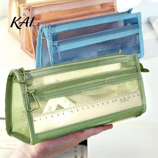 Portable Office Storage Pouch Mesh Pencil Case with Zipper, Double Layer Large Capacity Stationery Waterproof Cosmetic Travel Bag Organizer,