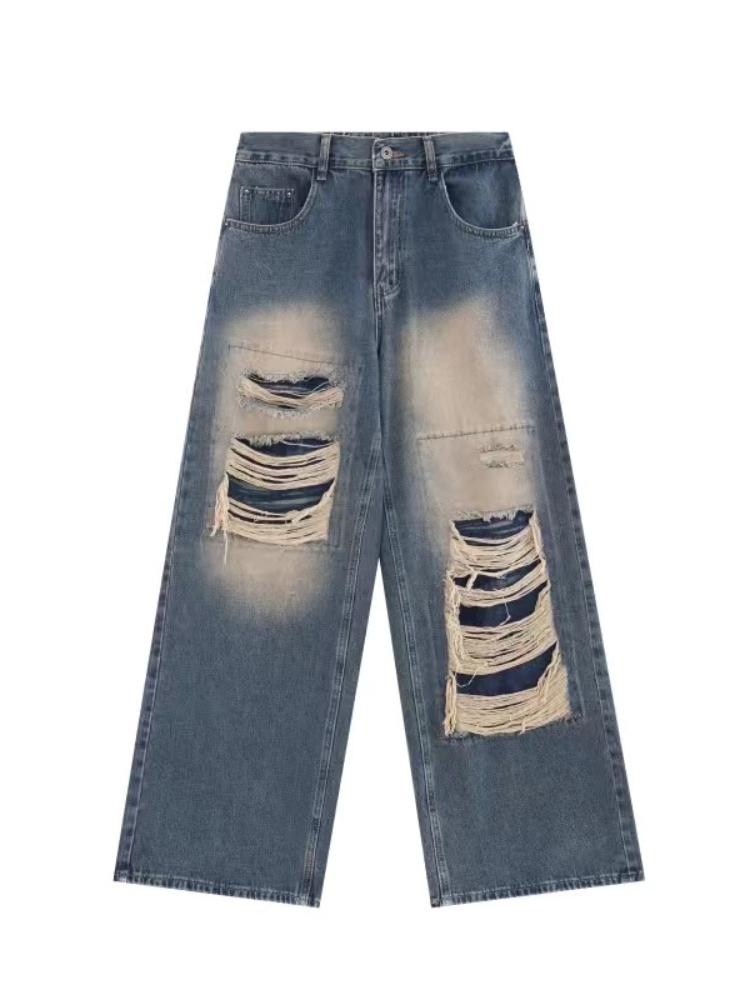 Gothic Black Jeans High Waist Vintage Women Korean Fashion Y2k Streetwear Ripped Pants Female Harajuku Casual Wide Leg Denim Trousers