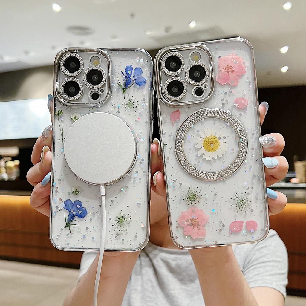 Para Capa de iPhone 15 Pro Flor Seca Epóxi PC+TPU Capa Traseira Magnética para Telefone