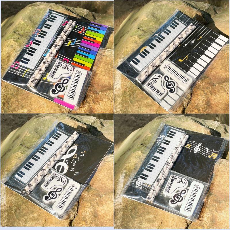 Music Note Pattern Student Stationery: Wooden Pencil and Eraser Set for Children