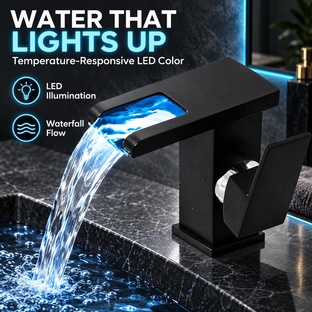 Bathroom 3-Color LED Waterfall Basin Faucet Sink Vanity Tap Household Hydro‑Power Temperature Color Changing Cold Hot Mixer Tap