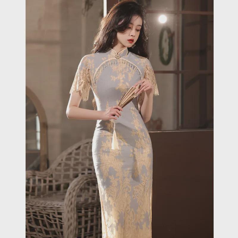 Podzimní retro cheongsam s dlouhou krajkou ve stylu Čínské republiky pro ženy - Šaty pro každodenní nošení