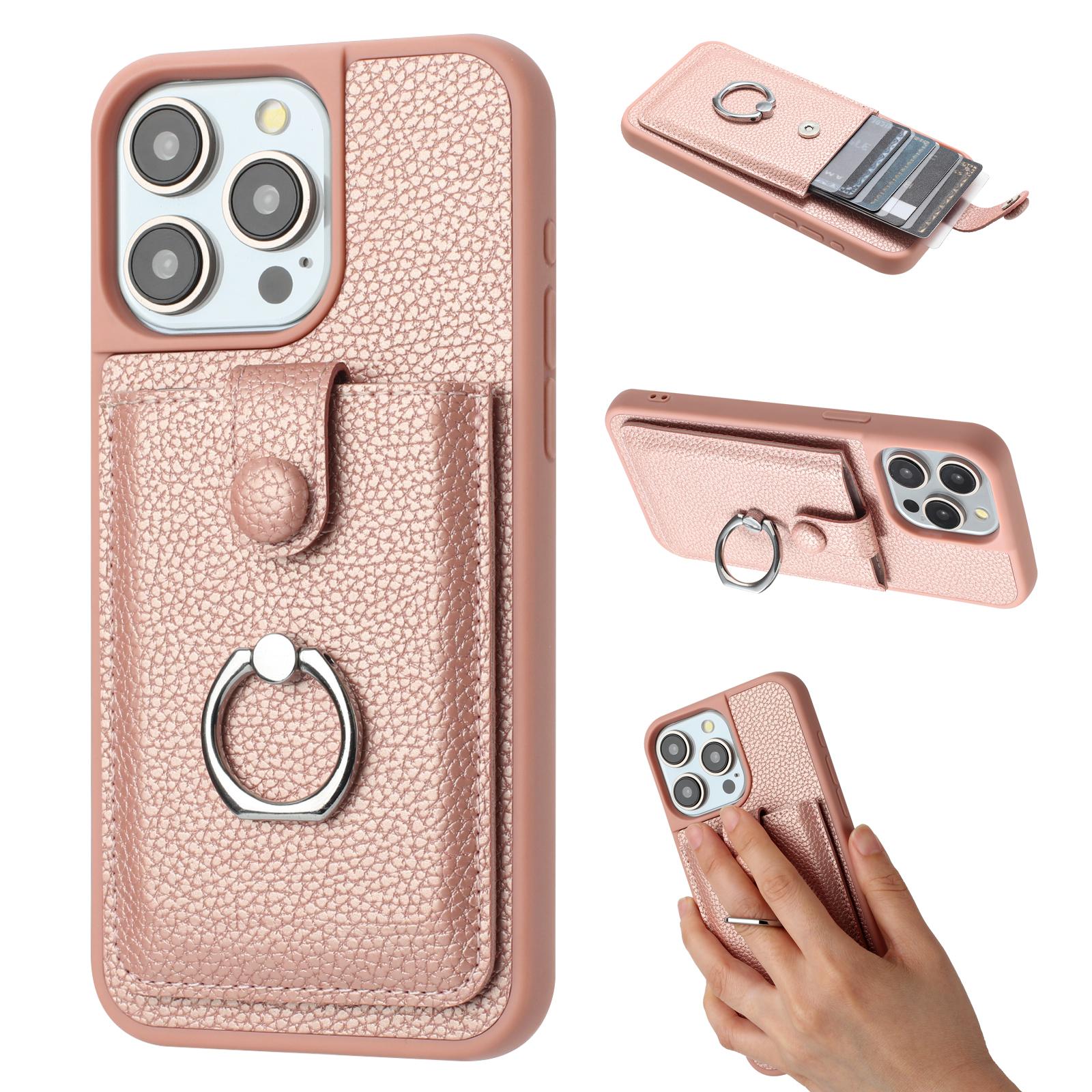 

For iPhone 15 Pro Case Drawing Type Card Slots Litchi Texture Leather Back Cover with Ring Kickstand Rose Gold