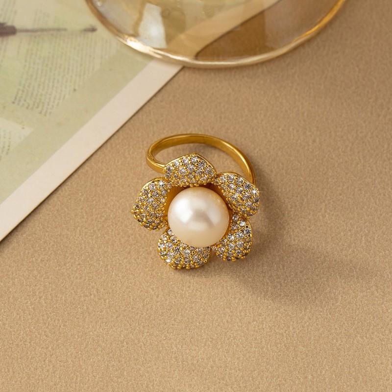 Freshwater Pearl Necklace Set With Zircon Camellia Flower Earrings Ring Sweet Chic Jewelry Women Ring