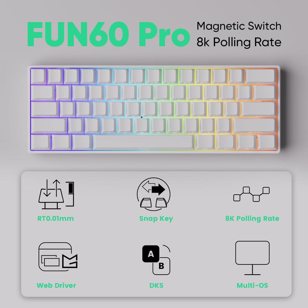 MonsGeek FUN60 Pro SP Wireless Gaming Keyboard with HE Rapid Akko Glare Magnetic English Side Wired Hot SnapKeys White Sensor, 0.01mm Trigger,