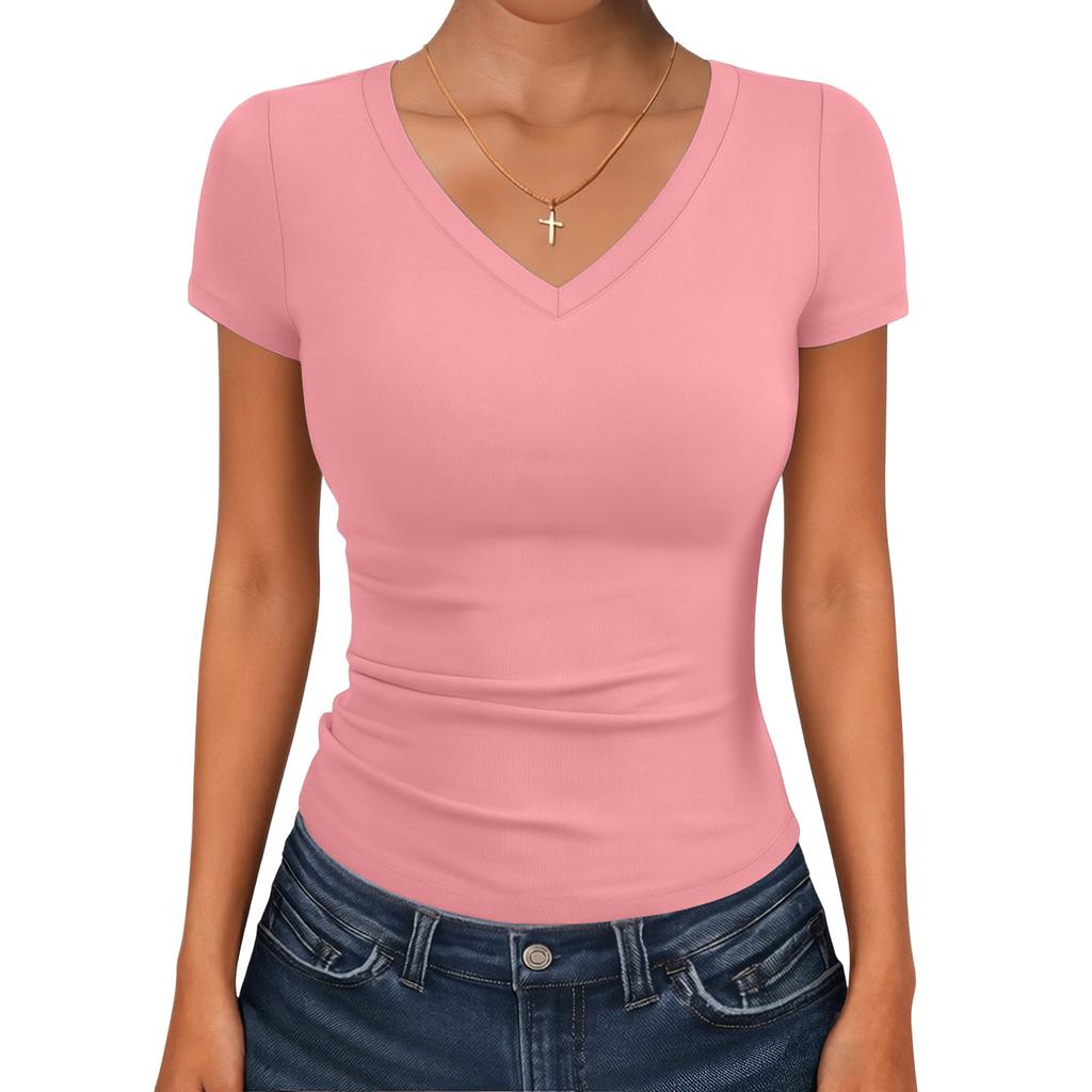 Damen Slim-Fit V-Ausschnitt Kurzarm T-Shirt Top