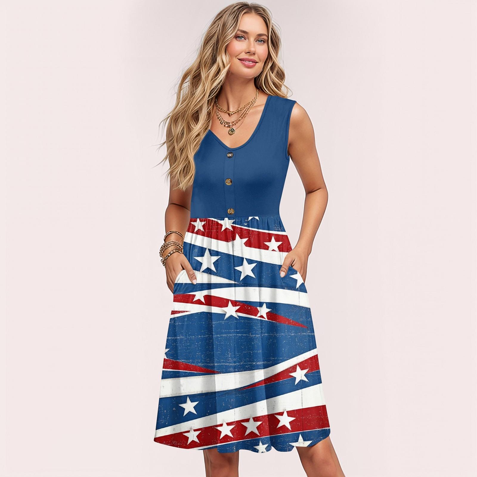 

Women Summer Dresses Sleeveless Casual Loose Swing Button Down Midi Sundress With Pockets S