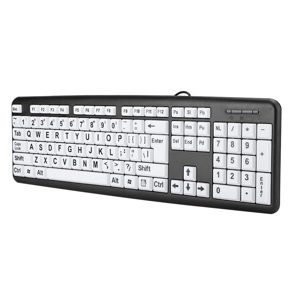 Black Low Vision Keyboard USB Wired Old People Keyboard with White Large Print Keys US Layout QWERTY