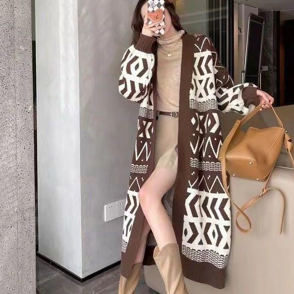 Autumn and Winter New Korean Knitted Sweater Cardigan Sweater Women's Knee Over Loose Long Sweater