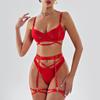 Lace complex craftsmanship gathers hollow mesh splicing with leg rings, four-piece women's lingerie