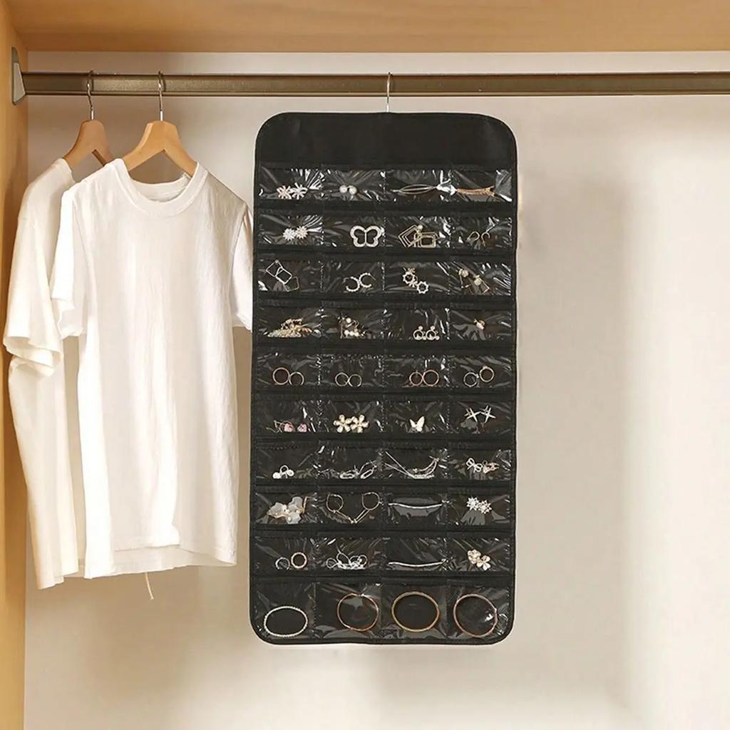 1 Stück-80 Fächer Aufbewahrungstasche Schmuckaufbewahrung Hängende Tasche Ring Halskette Ohrringe Organizer Vlies Doppelseitig Halskette Schmuck Ba