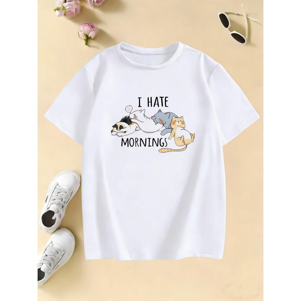 Summer Spring Kids I Hate Morning Cat Printed T Shirts Kids Children s T-shirt Boys Girls Casual Top Tee 110
