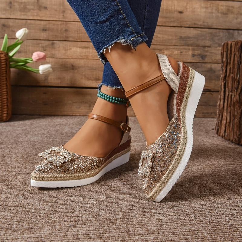 Fashion Sequin Square Buckle Wrapped Slippers Summer New Pointed Toe Shallow Mouth Lightweight Hemp Rope Wedge Flip-Flops