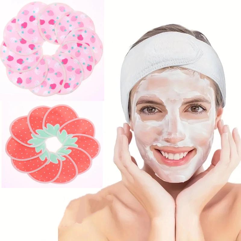 10 Pcs Makeup Remover Pads Washable Double-Layer Strawberry Print Cleaning Cotton Reusable Facial Make Up Removal Pads Tool