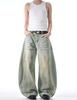 Retro Amerikanische Sense Jeans: Unisex Lockerer Schnitt, Used-Look & Sprühbemalt, Punk Wide-Leg Stil