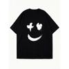 Vestido Camiseta Oversize Negro Cara Sonriente Con Estampado de Cruz y Corazón Estilo Streetwear Casual Para Mujer