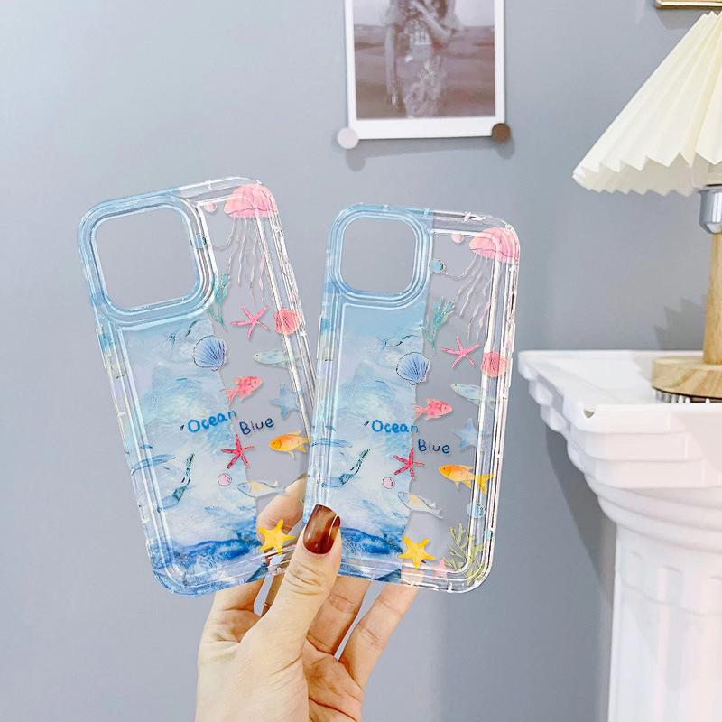 Ocean small fish jellyfish suitable for iPhone17ProMax drop mobile phone case 16Pro Apple 14 all-inclusive 13 popular