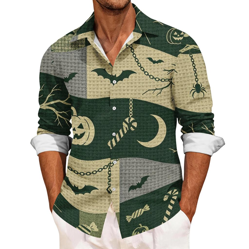 Men's Casual Long Sleeve Button Down Shirt Halloween Print Patchwork Design Lightweight Breathable Fabric Relaxed Fit