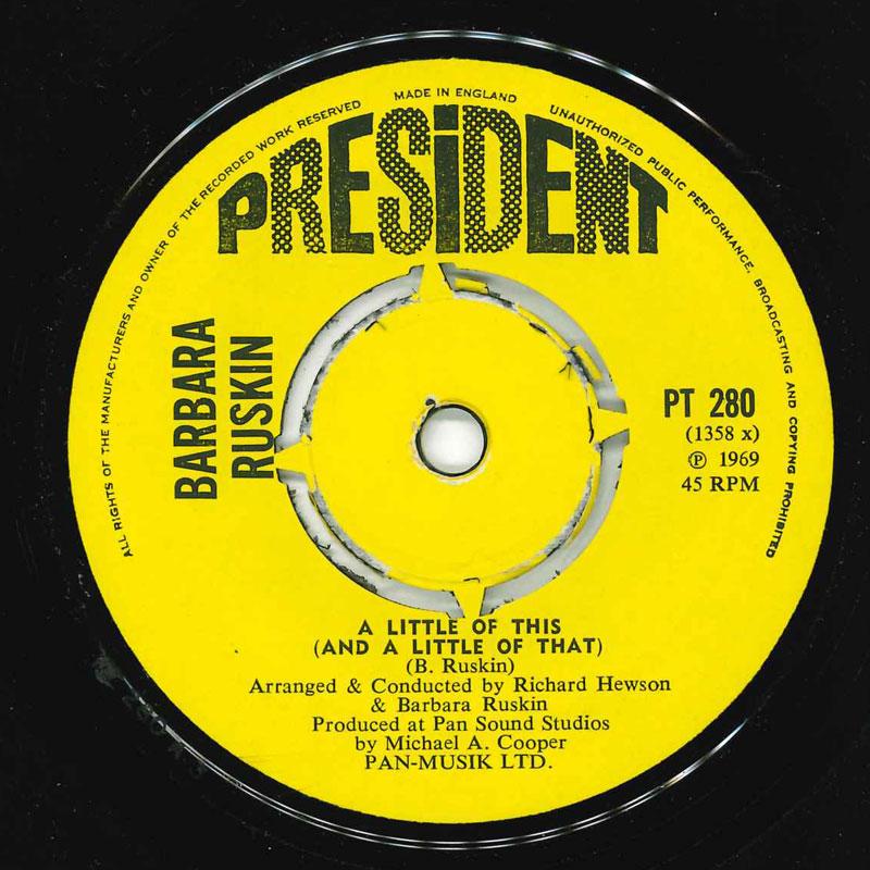 

7-дюймовая пластинка BARBARA RUSKIN A Little Of This PT280 President 1970 UK SoulFunk Б/у