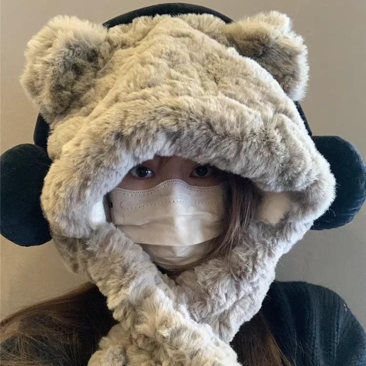 

Милые наушники-шапка с медвежьими ушками для женщин на осень и зиму, утолщенные, холодные и теплые, плюшевые, защищающие лицо шапка и шарф one size