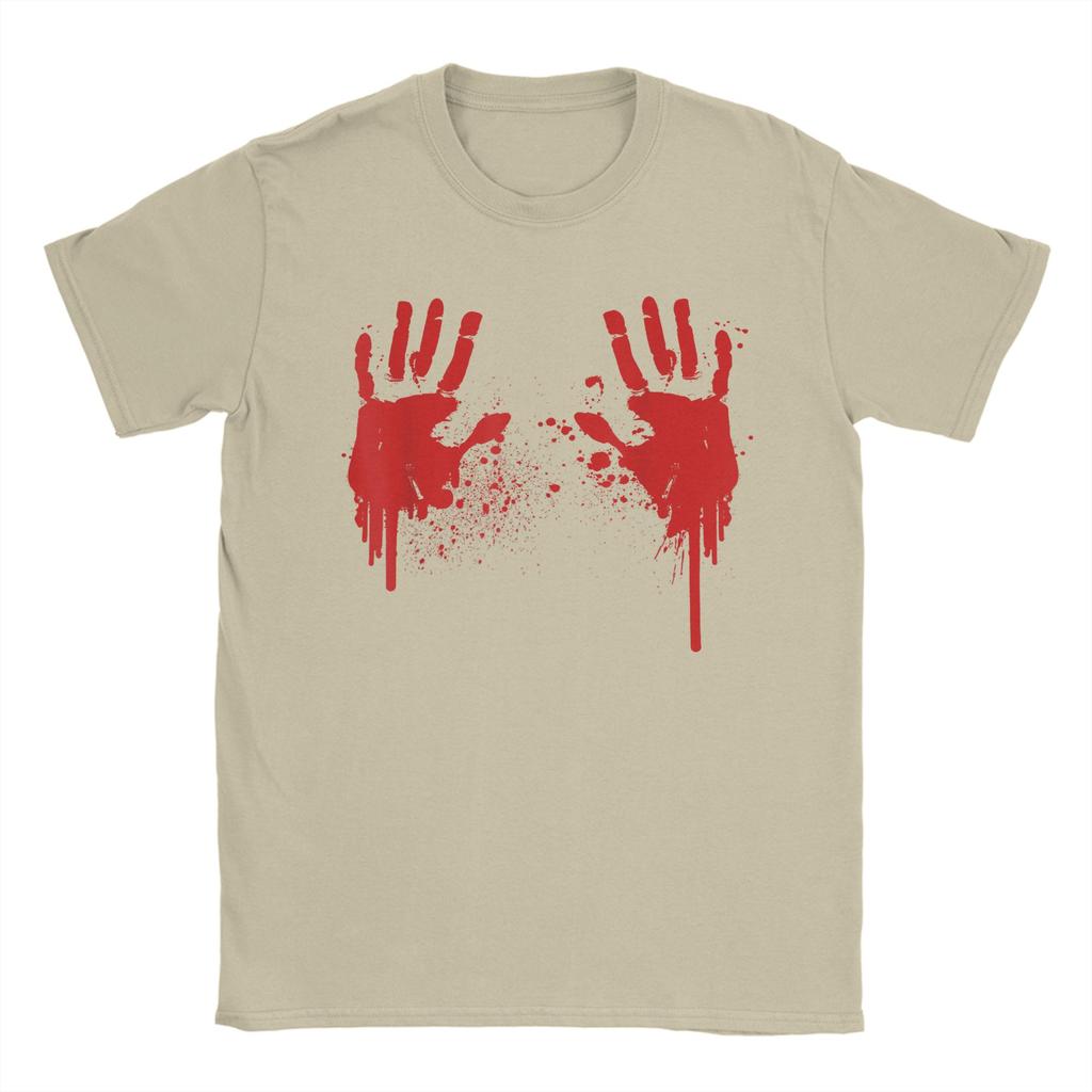 Bloody Hands Handprints Blood Splatter T-Shirts Men Round Collar 100% Cotton T Shirts Funny Halloween Tee Shirt 4XL 5XL Tops