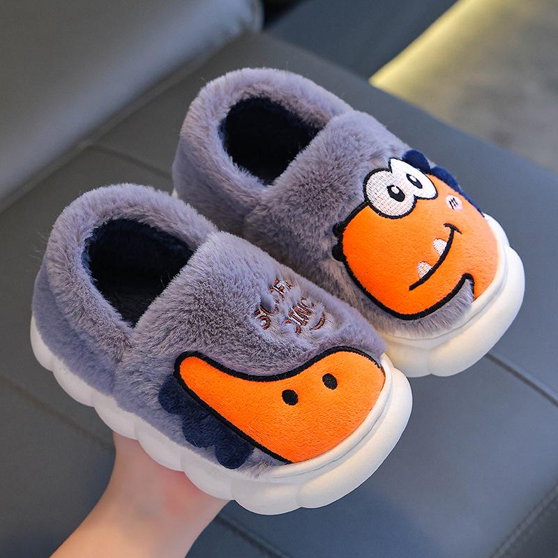 Children's Winter Dinosaur Cotton Shoes with Heel Support, Non-slip Thick Sole, Plus Velvet, Furry, Warm Home Slippers for Boys and Girls.
