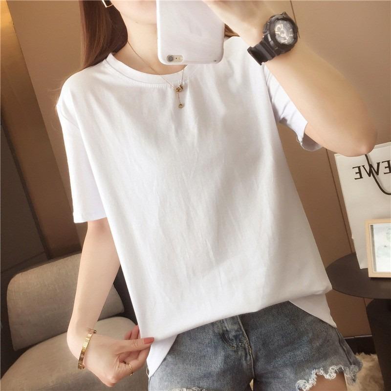 

Модная белая футболка с коротким рукавом и круглым вырезом для женщин, летняя новая свободная повседневная футболка больших размеров, топы, офисные женские однотонные простые футболки 24458 S белый