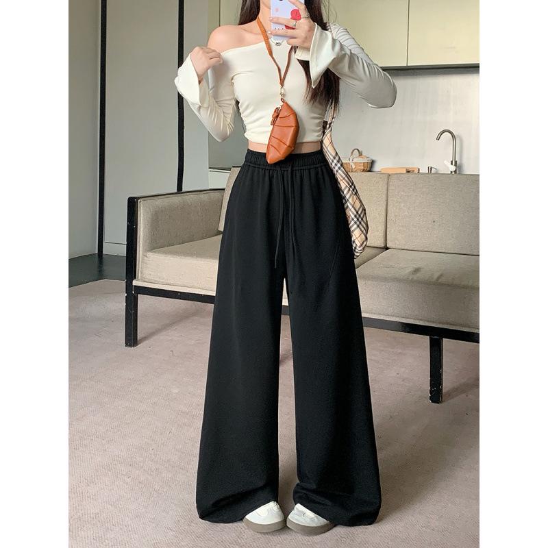 2026 Spring Plus Size Women's Wide-Leg Drawstring Pants - Casual, Elastic Waist, High-Waisted, Slimming Fit