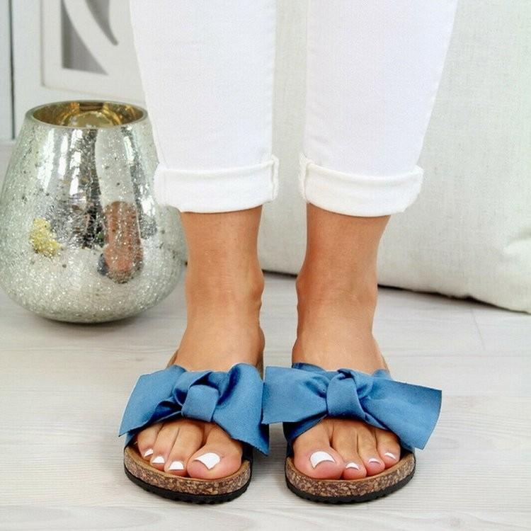 2025 Summer Foreign Trade Large Size Bow Slippers Female Leopard Print Casual One-word Suede Flat Bottom Sandals