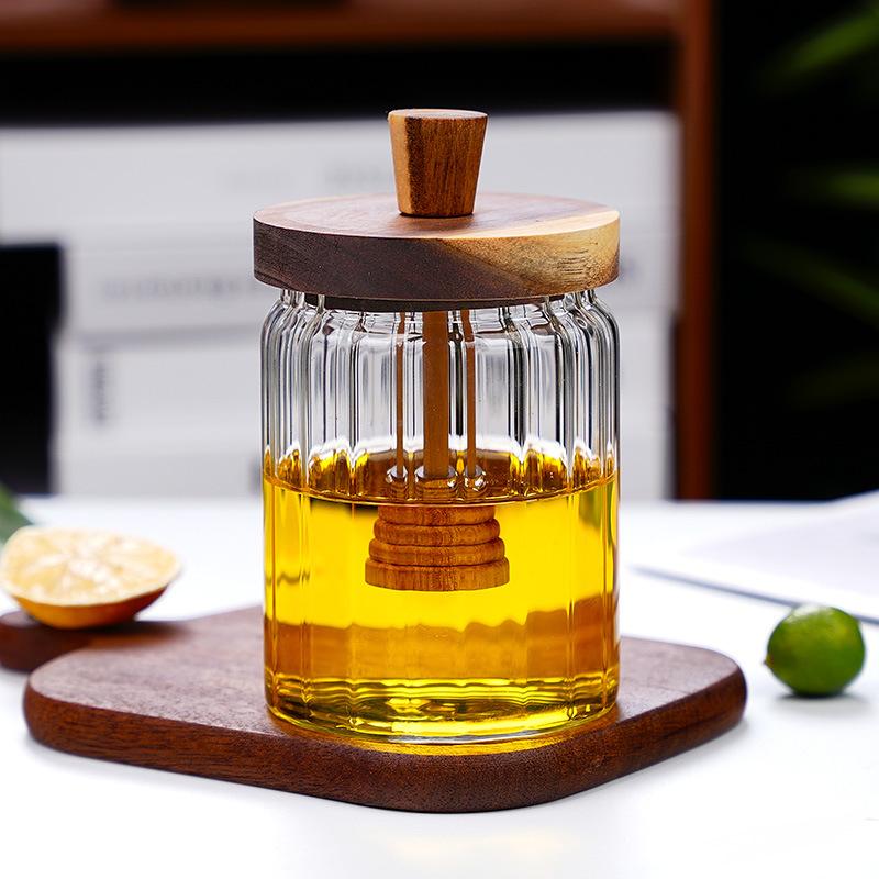 New household thickened honey storage tank with stirring stick Acacia wood cover transparent glass food sealed jar