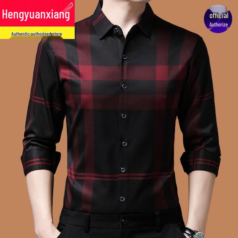 Hengyuanxiang Men's Autumn Plaid Long Sleeve Iron-Free Casual Shirt