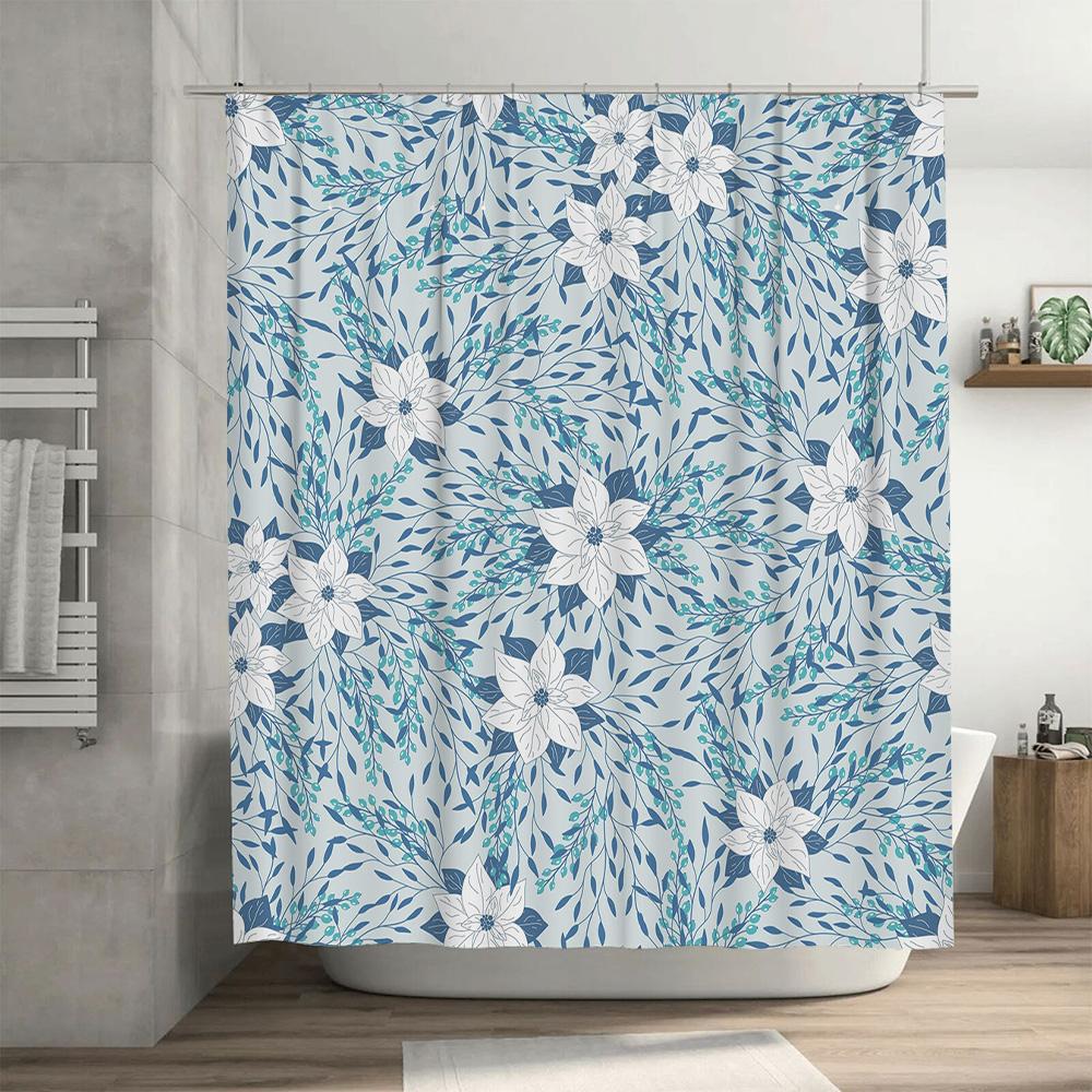 Luxury Blue Floral Pattern Shower Curtain Waterproof Bathroom Decor Home Decoration Customizable Sizes Available for Purchase On