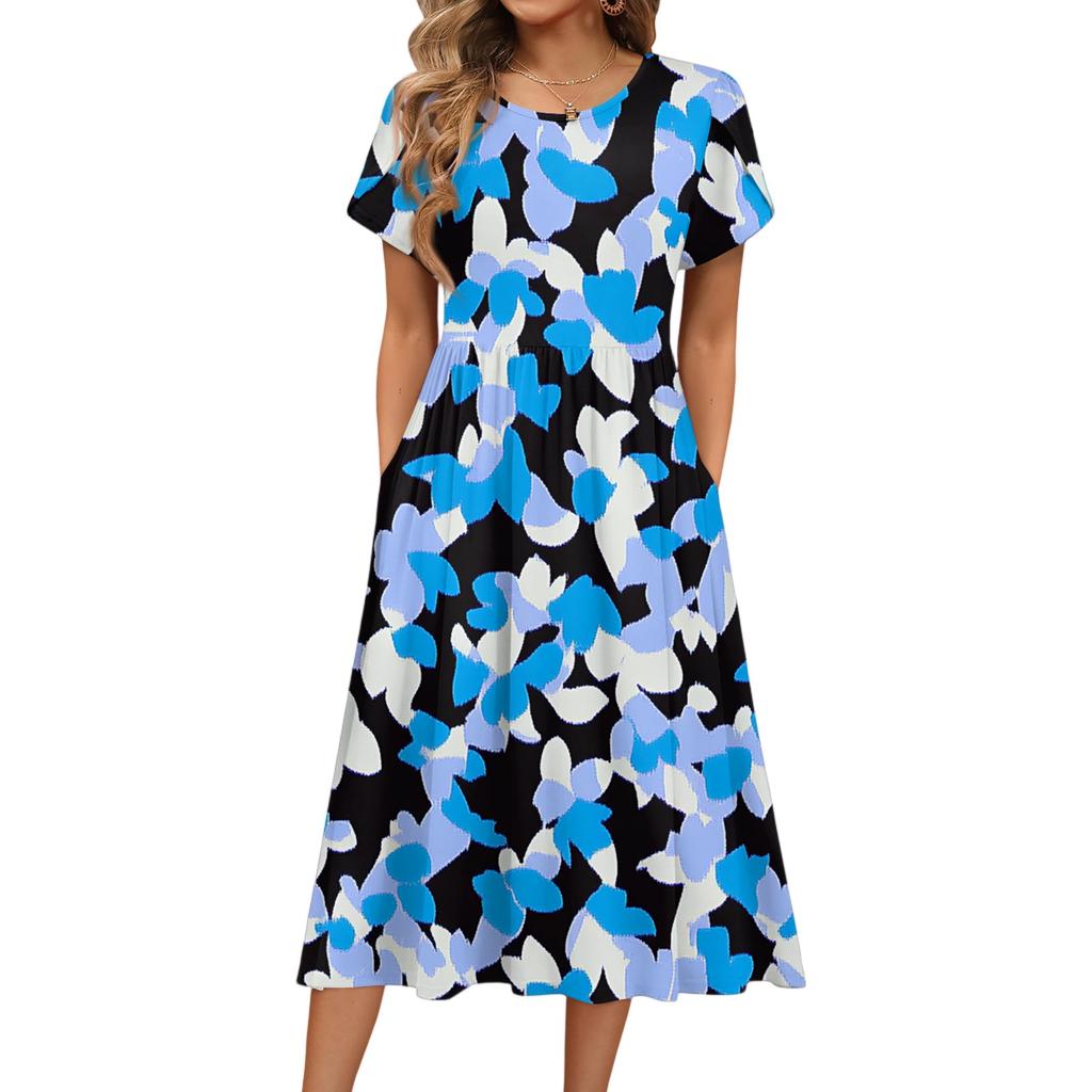 Damenmode Sommer Rundhals Kurzarm Blumendruck Strandkleider