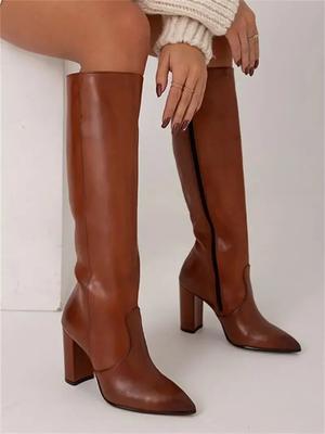 Damen Kniehohe Stiefel 2024 Winter Spitzstiefel Mode Damen High Heels Schuhe Reißverschluss Western Cowgirl Hohe Stiefel Botas Mujer
