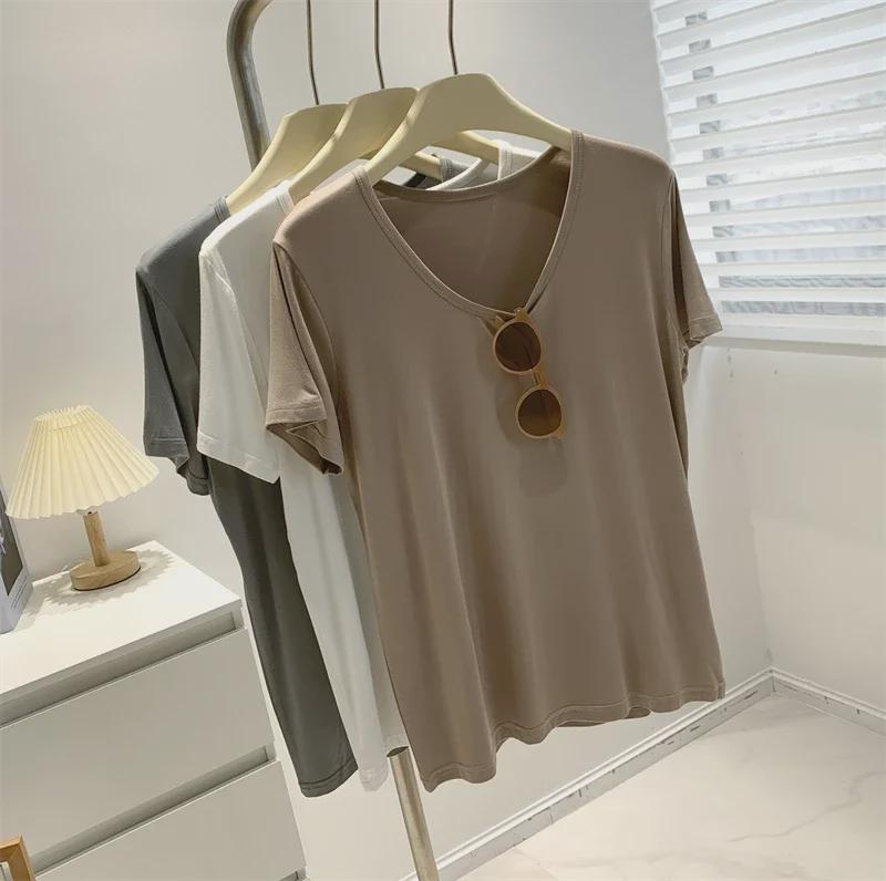 Modal Cotton Women's Grey-Green Loose Short Sleeve Round Neck Top - Soft, Skin-Friendly, and Versatile for Inner or Outer Wear.