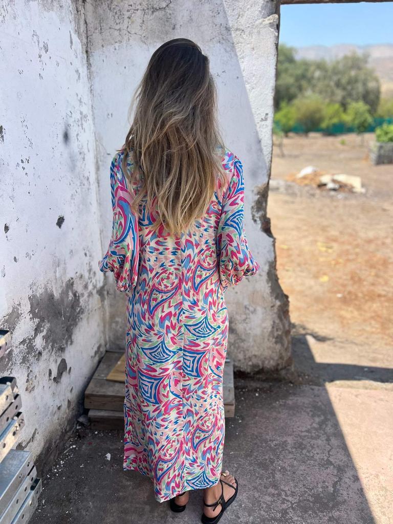 Vestido Longo Casual Soltinho com Decote V e Estampa Feminino 2025