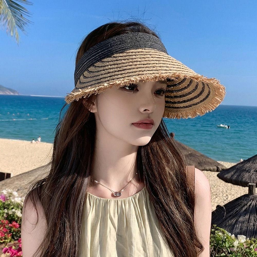 Solid Color Wide Brim Woven Breathable Folding Sunshade Hat Empty Top Straw Hat Seaside Vacation