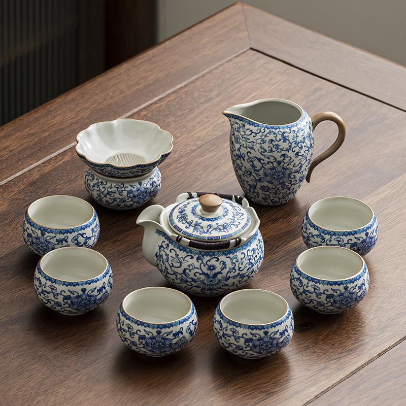 Beige Light Luxury Ru Kiln Twisted Branch Lotus Hand Grab Single Pot Teacup Kung Fu Tea Set Household Large-capacity High-grade Blue and White