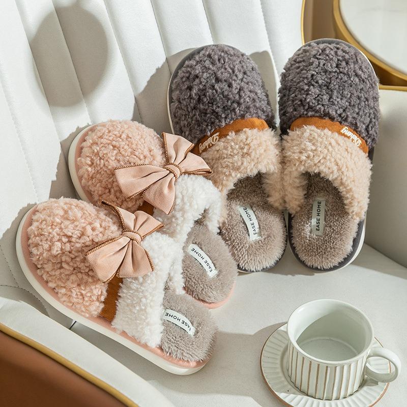 Bow cotton slippers women's autumn and winter home indoor non-slip couple home fluffy slippers warm fluffy