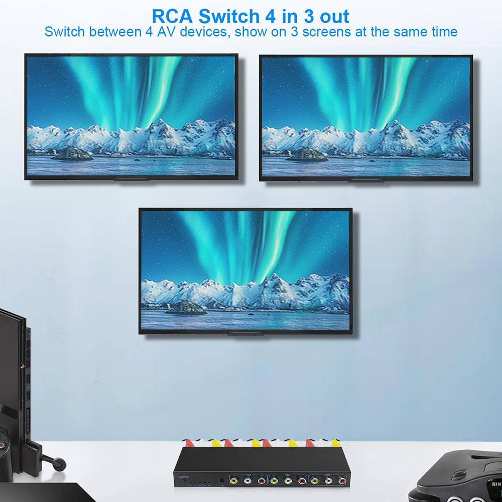 RCA AV Přepínač Rozbočovač Box 4 Vstupy 3 Výstupy AV Audio Video Signál Kompozitní Přepínač s Dálkovým Ovládáním